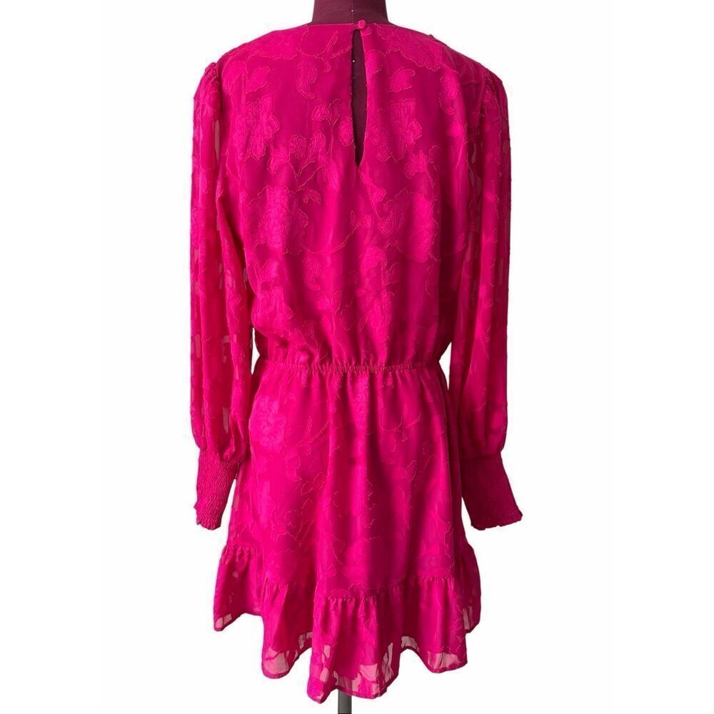 Evereve Mini Dress V Neck Long Sleeve Floral Fit and Flare Pink Fuchsia size Lar - Picture 4 of 13